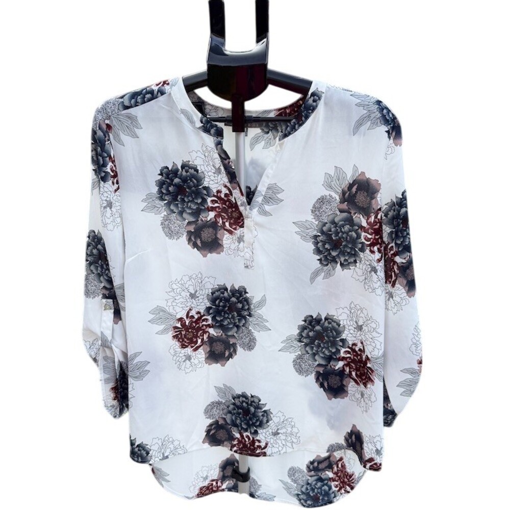 Daniel Rainn Blouse Womens XL Floral Split Neck 3/4 Roll Tab Sleeve